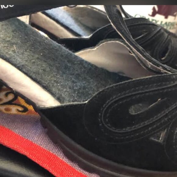 Jambu Sahara Peep Toe Black Suede Leather Wooden Heels Sandals‎ US Size 7.5 M - Picture 6 of 6